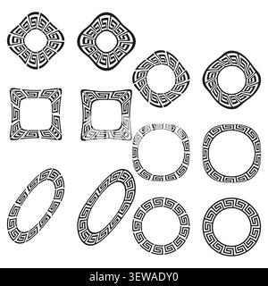 Greek key frame feature black vector set. This simple geometric border visualizes modern ethnic ornament layouts. Stock Vector