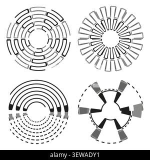 Concentric dashed circle feature black vector collection. This abstract geometric labyrinth highlights simple modern tech layouts. Stock Vector