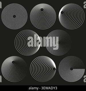 Concentric circle optical illusion feature white vector collection. This hypnotic depth visualizes abstract modern textures. Stock Vector