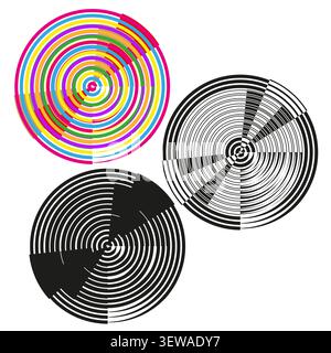Optical illusion circle feature colorful vector collection. This abstract geometric spiral visualizes hypnotic art layouts. eps 10 Stock Vector