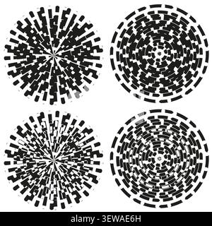 Sunburst radial dot circle feature black vector collection. This abstract starburst enhances geometric modern decorations. Stock Vector