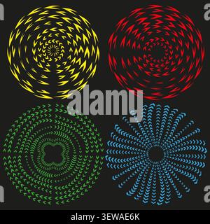 Dotted arrow spiral feature colorful vector shape. This geometric star burst highlights hypnotic modern tech backgrounds. Stock Vector