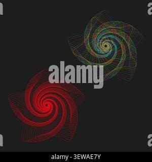 Wireframe spiral mesh feature thin vector set. This abstract geometric vortex visualizes modern tech space backgrounds. Stock Vector