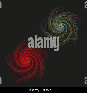 Wireframe spiral mesh feature thin vector set. This abstract geometric vortex visualizes modern tech space backgrounds. Stock Vector