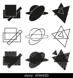 Abstract geometric shape form feature black vector set. This grunge triangle highlights simple modern layout decorations. Stock Vector