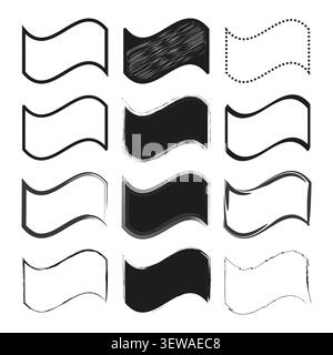 Wavy ribbon stripe shape feature black vector set. This abstract fluid geometry enhances simple modern banner layouts. Stock Vector