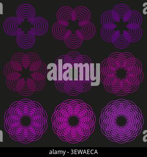 Spiral star mandala feature purple vector pattern. This abstract geometric flower complements hypnotic ethnic backgrounds. Stock Vector