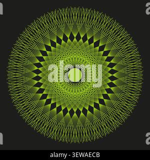 Wireframe spiral mandala feature green vector shape. This abstract geometric rotation enhances hypnotic tech backgrounds. Stock Vector
