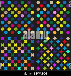 Geometric dot cross feature colorful vector pattern. This abstract star grid visualizes simple modern art layouts. Stock Vector