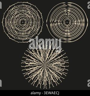 Spiral star mandala feature beige vector set. This abstract geometric rotation complements hypnotic ethnic backgrounds. Stock Vector