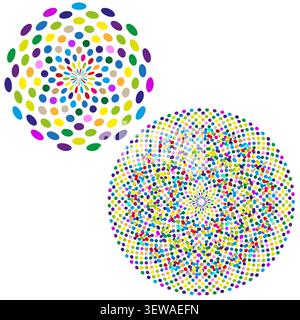 Dotted star burst feature colorful vector set. This abstract geometric firework complements modern party backgrounds. Stock Vector
