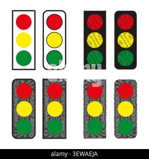 Traffic light stop warning feature colorful vector set. This street transportation geometry represents safe road crossings. Stock Vector
