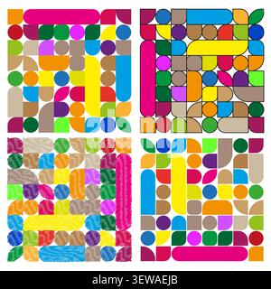Mosaic tile square patchwork feature colorful vector set. This geometric pattern represents modern art backdrop decorations. Stock Vector