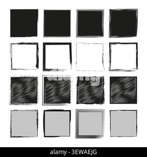 Square block frame box feature black vector collection. This sketched geometry complements grunge border and blank template. Stock Vector