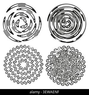 Spiral swirl circle mandala feature black vector collection. This abstract round geometry visualizes hypnotic ornaments. Stock Vector