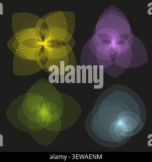 Wireframe spiral flower feature colorful vector collection. This geometric line petal complements abstract tech backgrounds. Stock Vector