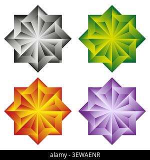 Isometric star shape feature colorful vector set. This geometric 3d origami complements abstract modern art layouts. Stock Vector