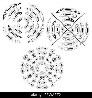 Radiating line mandala ornament feature black vector collection. This abstract circle complements geometric backgrounds. Stock Vector
