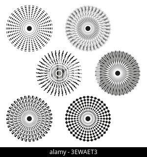 Dotted spiral mandala feature black vector collection. This abstract geometric circle visualizes hypnotic art layouts. Stock Vector