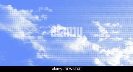 Retro halftone sky with clouds and vintage paper texture creates an abstract dotted vector illustration sky background. Stock Vector
