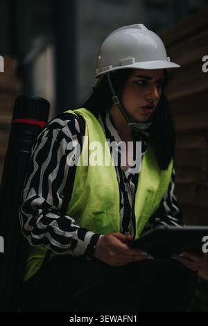 Female construction worker in hard hat and high visibility vest using tablet at job site Stock Photo
