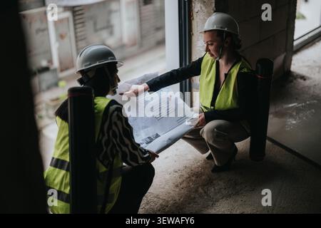 Two female architects in hard hats review blueprints on a construction site during planning meeting Stock Photo