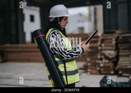 Female construction engineer in hard hat and safety vest checking plans on a tablet at site Stock Photo