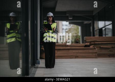 Female construction inspector wearing hard hat and hi vis vest checking clipboard at building site Stock Photo