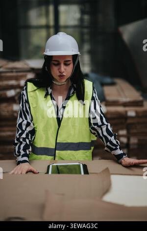 Woman warehouse worker inspecting packaging with tablet in high visibility vest and hard hat Stock Photo
