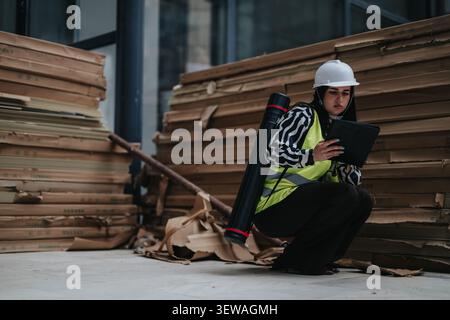 Female construction engineer wearing hard hat and safety vest reviewing plans on tablet at site Stock Photo