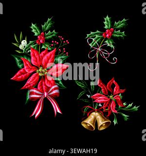Christmas Flowers Elements Collection with Poinsettia Holly Botanical Ribbons Bells Festive Arrangement Design Stock Vector