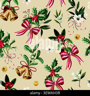 Christmas Flowers Seamless Pattern with Poinsettia Holly Botanical Bells Ribbons Festive Background Design Stock Vector