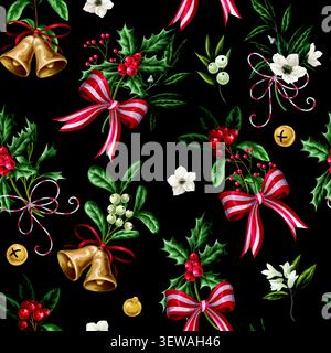 Christmas Flowers Seamless Pattern with Poinsettia Holly Botanical Bells Ribbons Festive Background Design Stock Vector