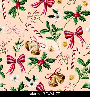 Christmas Flowers Seamless Pattern with Poinsettia Holly Botanical Bells Ribbons Festive Background Design Stock Vector