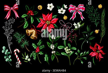 Christmas Botanical Elements Collection with Poinsettia Holly Ribbons Bells Isolated Vintage Floral Set Stock Vector