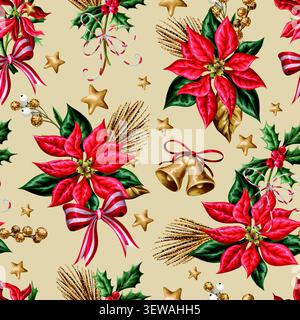 Christmas Flowers Seamless Pattern with Poinsettia Holly Botanical Bells Ribbons Festive Background Design Stock Vector
