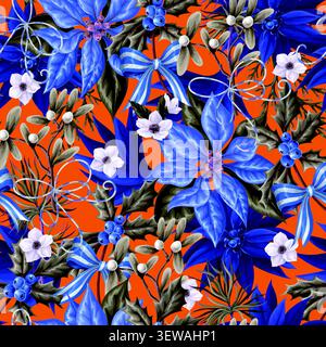 Christmas Flowers Seamless Pattern with Poinsettia Holly Botanical Bells Ribbons Festive Background Design Stock Vector