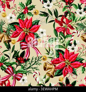Christmas Flowers Seamless Pattern with Poinsettia Holly Botanical Bells Ribbons Festive Background Design Stock Vector