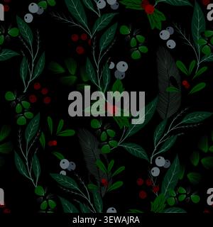 Christmas dark botanical pattern with berries leaves evergreen branches elegant winter background Stock Vector