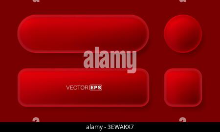 Modern Red Neumorphic Buttons and UI Elements Set. A collection of soft UI design components on a red background. Vector illustration. Stock Vector