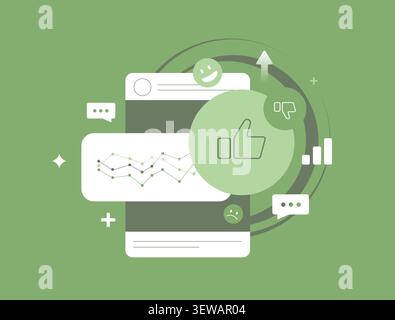 Social media sentiment analysis with engagement monitoring, audience reactions and brand perception insights. Comment analytics, social listening and performance tracking vector illustration. Stock Vector