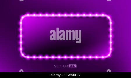 Bright purple neon frame with glowing lights on dark background. A vibrant empty rectangle for modern design. Vector illustration. Stock Vector