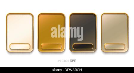 Elegant set of four metallic frames with rounded corners and buttons, ideal for UI design or premium badges. Vector illustration. Stock Vector