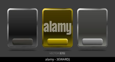Modern UI frames with glossy metallic design and button elements, featuring sleek, rounded rectangular shapes. Vector illustration. Stock Vector