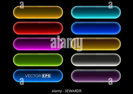 Set of colorful glowing neon buttons or banners on a dark background, ideal for modern web design. Vector illustration Stock Vector