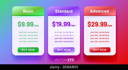 Three modern pricing plan tables Basic, Standard, and Advanced. Perfect for web and app design. Vector illustration. Stock Vector