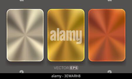 Set of metallic textures with radial brushed effect, featuring gold, silver, and copper colors. Vector illustration. Stock Vector