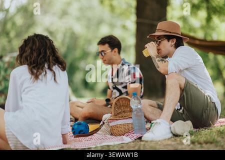 Friends enjoying a relaxed summer picnic outdoors on a blanket in a park Stock Photo
