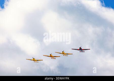 Propeller planes flying in formation among the clouds in the sky Stock Photo
