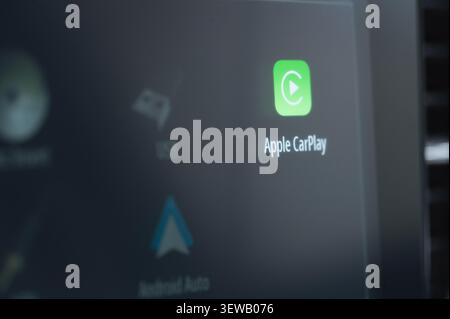 New York, USA - June 24, 2026: Apple car play icon close up view vehicle screen background Stock Photo